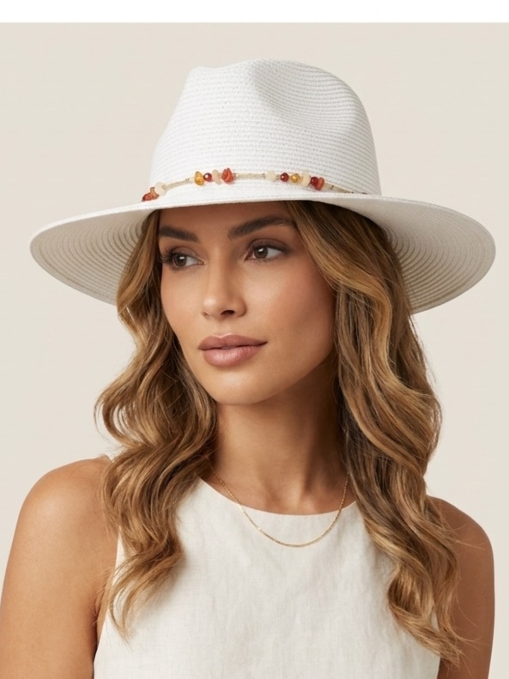 New Dally Hat in White with Rust Beading NWT
